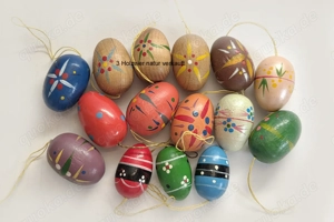 12 Ostereier Holz Ostern z. Aufhängen bemalt Erzgebirge 2,5-3cm 60er vintage