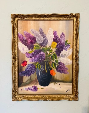 Öl Gemälde, antik, 1930 40er, Signiert, Stuckrahmen, Blumenstillleben