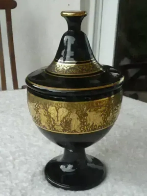 Antike 31cm Deckeldose violettes Glas Gold-Fries, Leo Moser, Karlsbad, um 1920