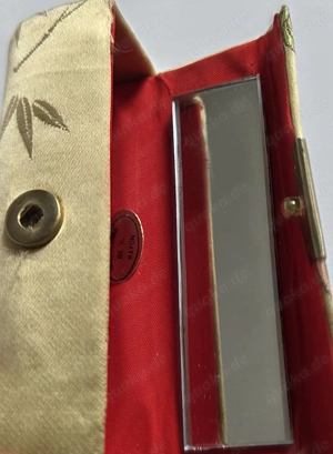 Chin. Lippenstiftetui-Halter-Box-Hülle m. Spiegel chin.Seide 70er vintage 