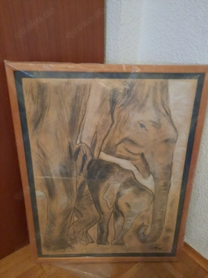 Bild Gemälde, Elefanten im Rahmen Unikat, neu eingepackt. 56cm br