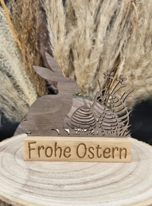 Osterhase klein mit Aufsteller "Frohe Ostern" - handmade mit Lasergravur