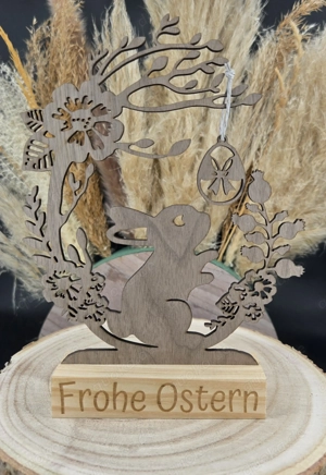 Hase groß mit Aufsteller "Frohe Ostern" - handmade mit Lasergravur