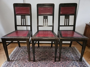 Antik! 3 massive, stabile Holzstühle Jugendstil Ledersitz Eiche ca. 1920 Schnitzerei TOP!  Bild 5