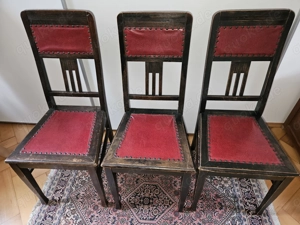 Antik! 3 massive, stabile Holzstühle Jugendstil Ledersitz Eiche ca. 1920 Schnitzerei TOP!  Bild 3