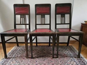Antik! 3 massive, stabile Holzstühle Jugendstil Ledersitz Eiche ca. 1920 Schnitzerei TOP!  Bild 2