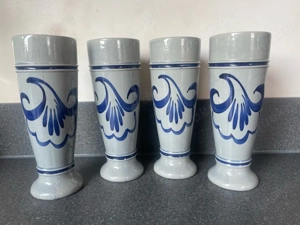 4x Weizenbierkrüge von Gerzit, Steinkrug, Weißbierkrug, Steinzeug, weiß-blau