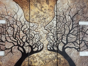 Großes 5-teiliges Wandbild, Baum, Gesichter, in Braun-Gold Bild 2