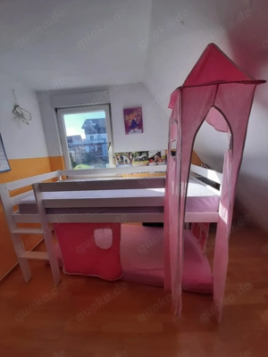 Hochbett mit Rutsche und Prinzessinnen-Turm massiv Kiefernholz weiß Halbhochbett Kinderbett 