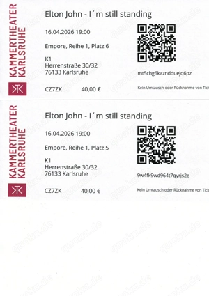 2 Tickets für Elton John I m still standing 16.4.26 Karlsruhe