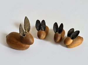 4 Miniatur Hasen Hasenfamilie Naturholz Erzgebirge Osterdeko 50 60er true vintage 