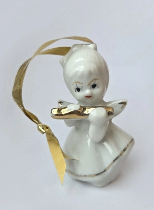 Engel Querflöte Porzellan weiß 7x4cm m. Aufhänger vintage 70 80er