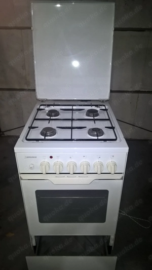 Gasherd 4 flammig umgedüst auf Flaschengas mit Backofen 220V freistehend, 50cm breit, weiß