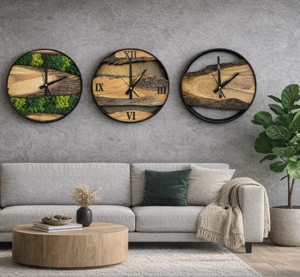 Wanduhr Design Moosuhr Wand Uhr Moos Uhr Moosbild Eiche Olivenholz Wohnzimmer Deko Baumkante massiv