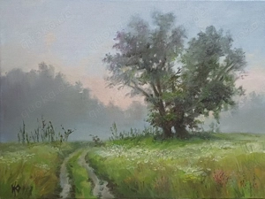  Morgennebel auf der Sommerwiese  Ölgemälde,  Gemälde,  Bild 