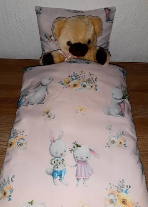 Puppenbettwaesche Set Hase u Blumen 