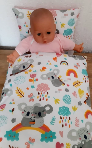 Puppenbettset Koalas u Blumen, 2Teile für Puppenwagen oder Wiege u Lauflernwagen 