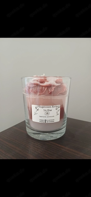 Pfingstrosen Kerze im Glas, Farbe Rot, Weiß 