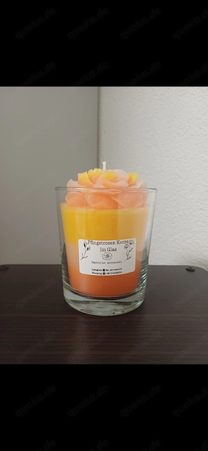 Pfingstrosen Kerze im Glas, Farbe Gelb, Weiß, Orange 