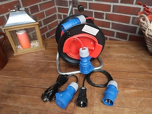 20M CEE Kabeltrommel Signalfarbe Orange Rot Verlängerung Adapter Camping Wohnmobil Wohnwagen Boot