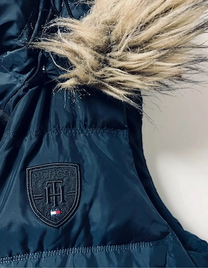 Tommy Hilfiger Weste Daunenweste dunkelblau Kapuze Fakefell Jacke XL 42