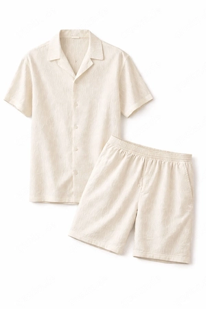 Herren Sommer Set 2-teilig | Kurzarm Hemd + Shorts | Leinen-Look | S-2XL | Beige