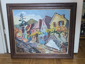 5 Ölgemälde von Schnitzer Landschaft Weinberg Straße Häuser Korche Bilder abstrakte Kunst je 35 