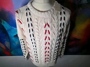 GANT Damen Pullover XL weiß Zopfmuster bunte Bänder Bild 2