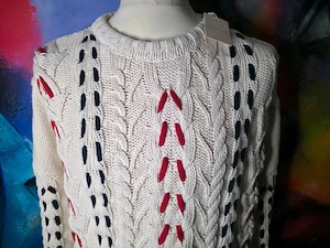 GANT Damen Pullover XL weiß Zopfmuster bunte Bänder Bild 3