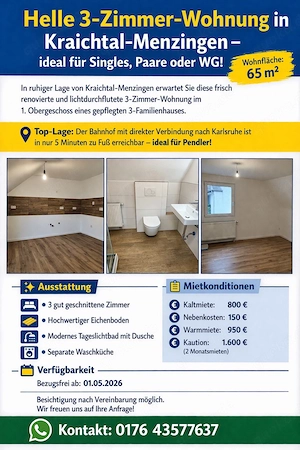 Helle 3-Zimmer-Wohnung in Kraichtal-Menzingen