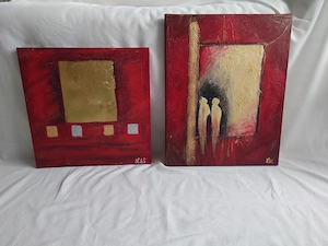 2 Original Gemälde auf Leinwand  signiert mit L.W. Dunkelrot, Gold und Silber