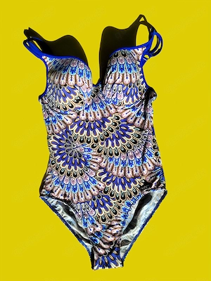 Body mit BH-Pushup, Badeanzug, Blau mit Blumenmuster, Größe 36