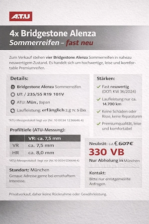 4x Bridgestone Alenza Sommerreifen 235 55 R19   kaum gefahren