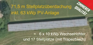71,5m = 17 Stellplatzüberdachungen, Carports, Unterstellhalle inkl. 63 kWp PV Anlage zu verkaufen