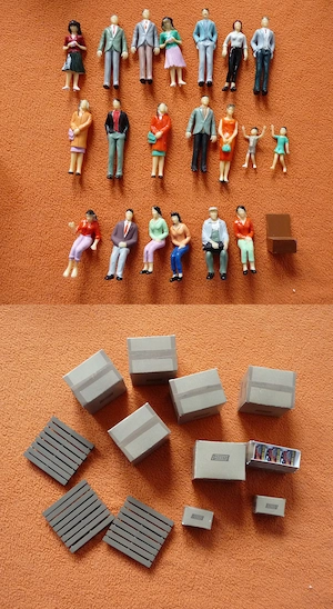Konvolut Modellbau Figuren 1:25 sitzen und stehend und Ladegut in verschiedenen Größen