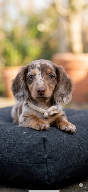 Zwergdackel Hündin, 4 Monate, Langhaar Brauntiger