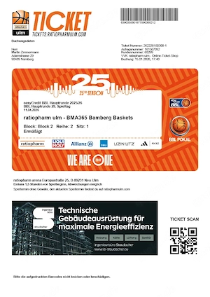 TOP Ticket Basketball Ulm vs Bamberg am 11.4.2026