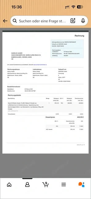 E-Scooter NINEBOT Fahrgestellnummer M01300NK064499