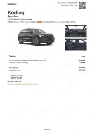 Skoda Kodiaq 2.0 TDI 142 kW 4x4 Sportline incl. Fahrassistenz