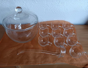 Vintage Glasbowle mit 10 Gläsern