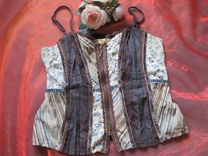 NEU Spitzen Patchwork Mieder Blusen Corp Träger Top BIBA by Escada Gr. 34-36  XS-S blau crem -beige