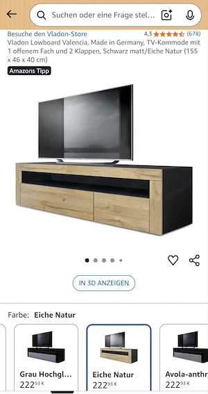 Lowboard Schwarz matt Eiche natur 155x46x40cm