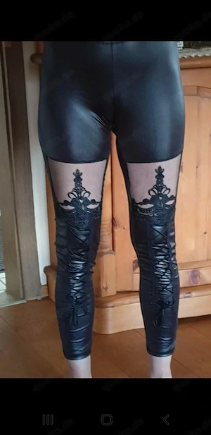 NEU m. E. Lace Spitze Tatoo Stickerei Schnür Leder Skinny Legging Jegging 34-38  XS-S schwarz Gothic