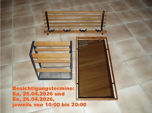 3-teiliges Garderobenset (Garderobe + Spiegel + Schirmständer) aus Echtholz und Metall