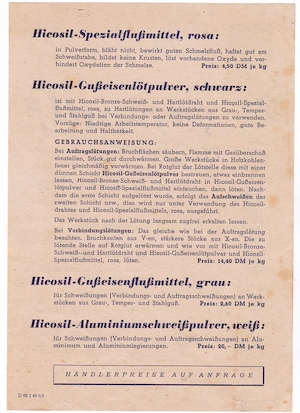 Hicosil Schweißpulver Prospet , Rarität 1949