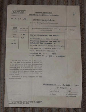 Hinterlegungsschein des Todes wegen - DE 1940