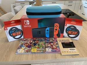 nintendo switch 1 neon mit Mario party superstar + Mario kart 8 + super Mario party und verpakung 