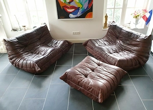 TOGO Ligne Roset Sofas 2x 2-Sitzer + Hocker Leder Braun Original Klassiker Bild 2
