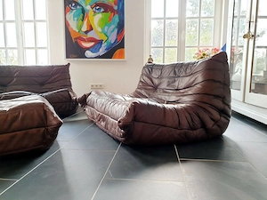 TOGO Ligne Roset Sofas 2x 2-Sitzer + Hocker Leder Braun Original Klassiker Bild 5