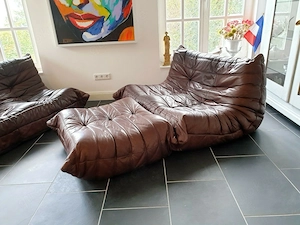 TOGO Ligne Roset Sofas 2x 2-Sitzer + Hocker Leder Braun Original Klassiker Bild 4